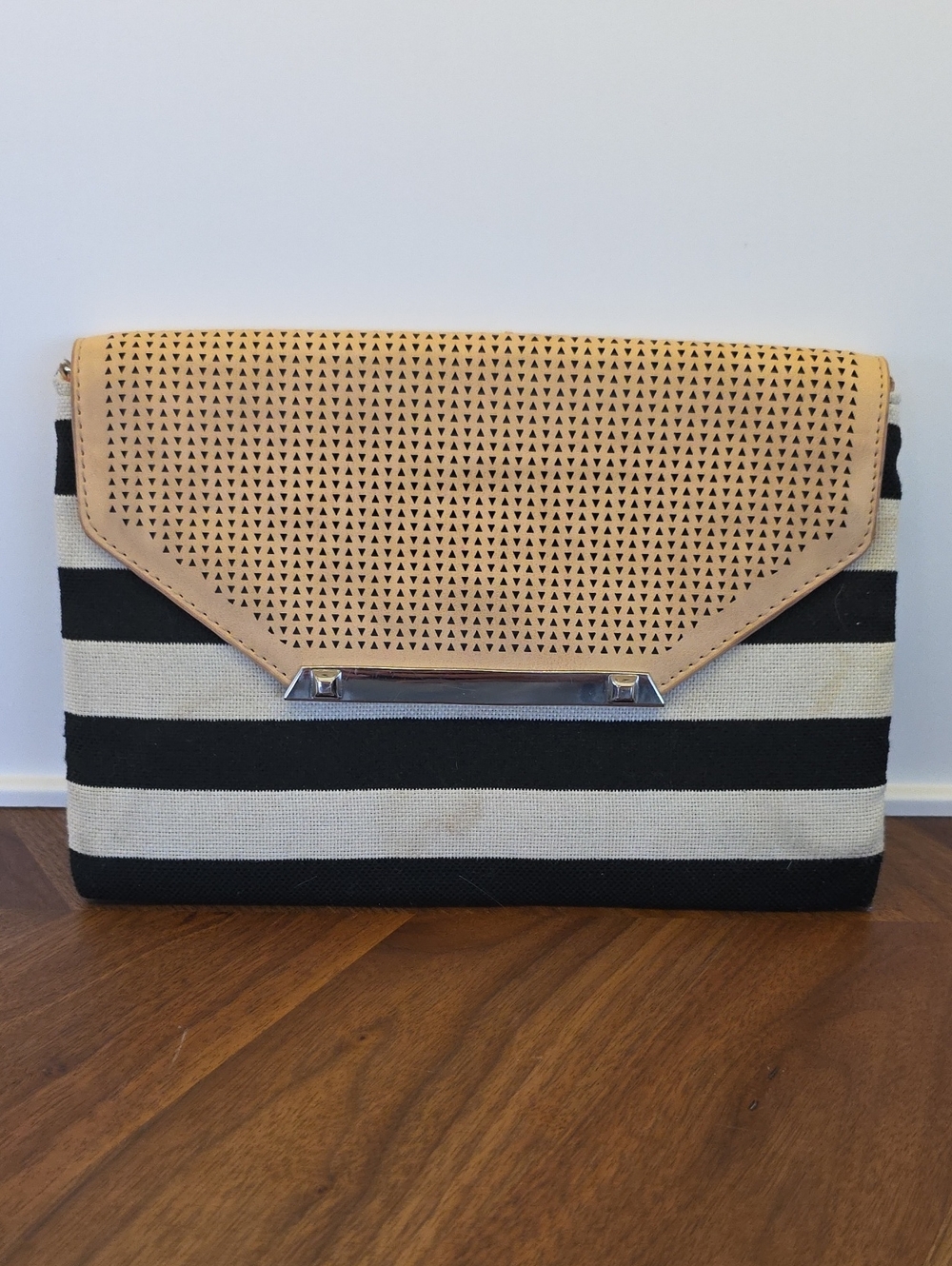 Stella & Dot Striped Black and Cream Clutch with Perforated Tan Flap